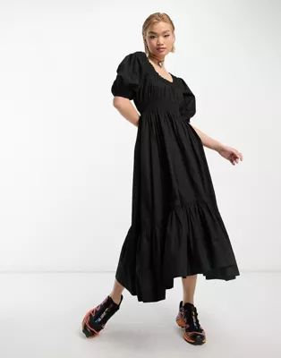 COLLUSION shirred bodice maxi smock dress in black | ASOS (Global)