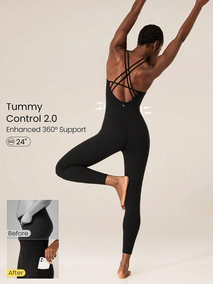 GLOWMODE 24'' FeatherFit™ Tummy Control Crisscross Strappy Back Bodysuit Jumpsuit With Side Pockets Low Impact Yoga Daily Removable Cups Gym | SHEIN
