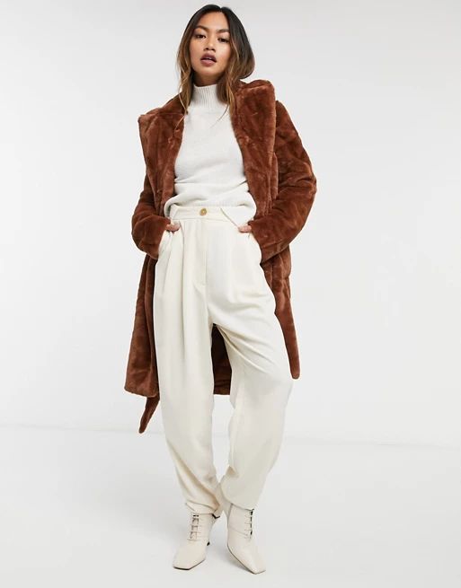Vila faux fur coat with tie waist in brown | ASOS (Global)