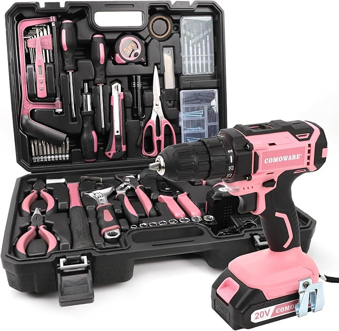 COMOWARE Pink Tool Box with 20V Drill, 120 Pcs Pink Tool Set, Tool Kit for Home, Pink Drill Set f... | Amazon (US)