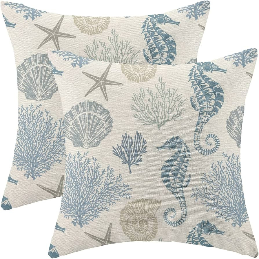 CXMEIFLY Coastal Pillow Covers 16x16 Inch Set of 2 Sea Horse Ocean Themed Beach Decor Throw Pillo... | Amazon (US)