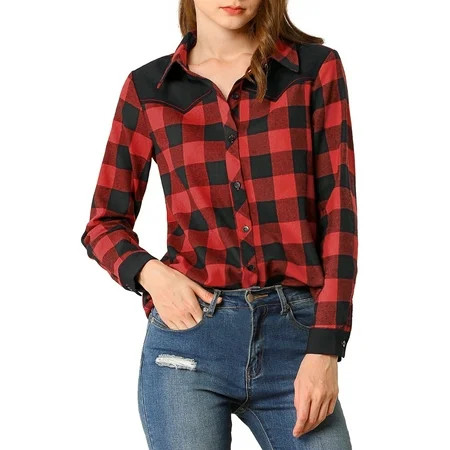 Allegra K Women's Buffalo Long Sleeve Casual Check Button Relax Blouse Plaid Shirt | Walmart (US)
