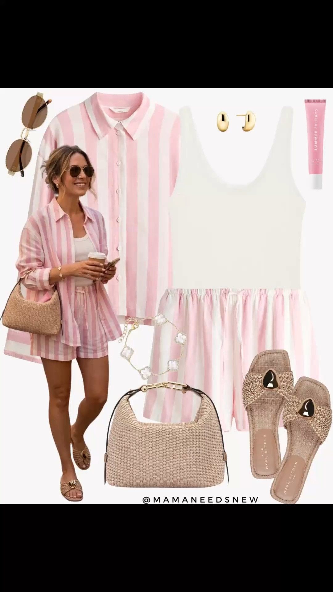 A spring to summer / vacation outfit with a striped linen blend matching shirt and shorts set, slide sandals, convertible bag 💖🌸

#LTKSeasonal #LTKSaleAlert #LTKootd