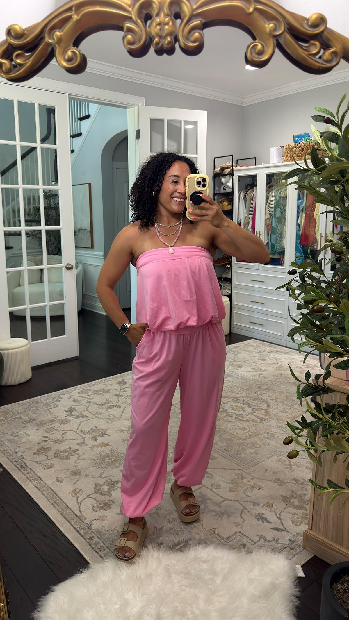 This pink strapless jumpsuit is the ultimate throw-on-and-go piece for summer 🌸! It has a relaxed, blouson-style top, a comfortable elastic waist, and it even has pockets. 

 #LTKgrwm #LTKootd #LTKSeasonal