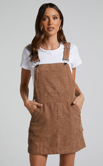 Mervin Dress - Corduroy Overall Dress in Mocha | Showpo (US, UK & Europe)