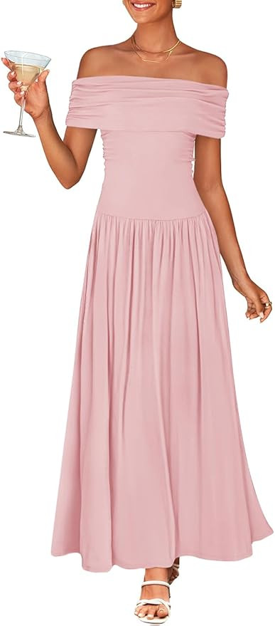 ZESICA Women's Off The Shoulder Maxi Dress 2025 Summer Sleeveless Casual Slim Swing Pleated Forma... | Amazon (US)