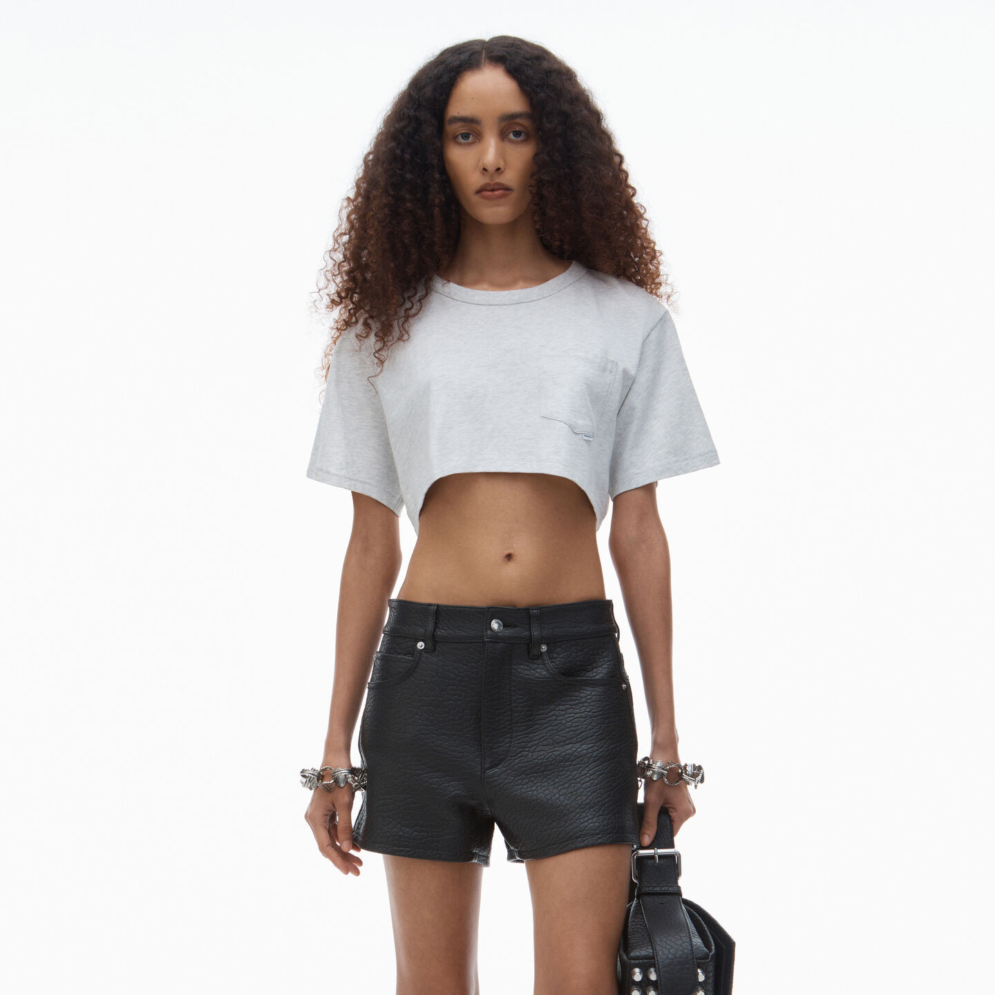 Alexander Wang Women's Cropped Pocket Tee In High Twist Jersey Light Heather Grey - XS | Alexander Wang
