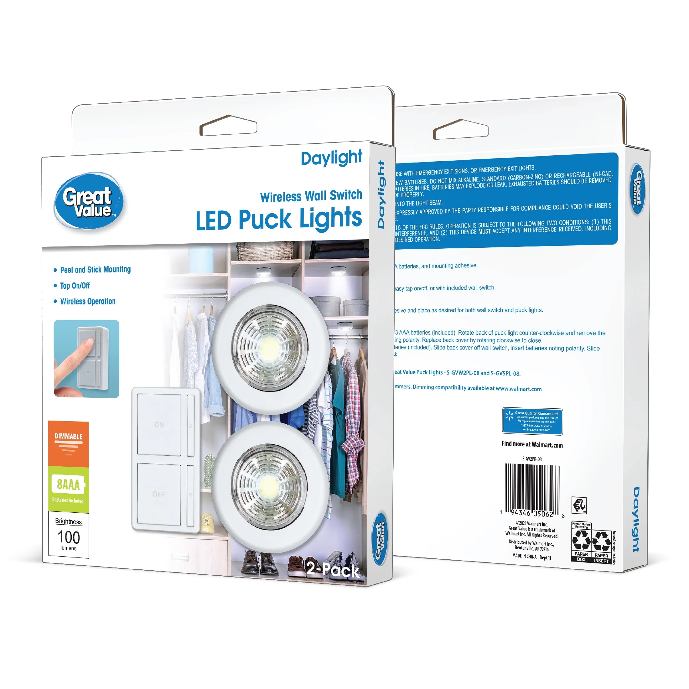 Great Value Wireless LED Puck Lights with Wall Switch - 2 Pack | Walmart (US)