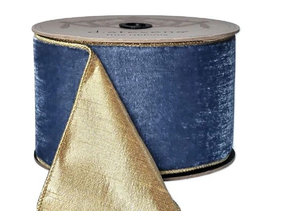 D.stevens 4 Dusty Blue Velvet Ribbon With Metallic Gold - Etsy | Etsy (US)