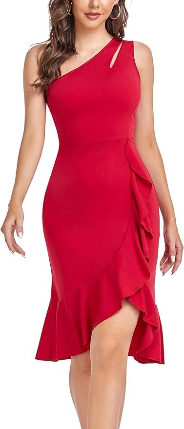 Abrooical Women One Shoulder Sleeveless Bodycon Mermaid Ruffle Cocktail Party Dress | Amazon (US)