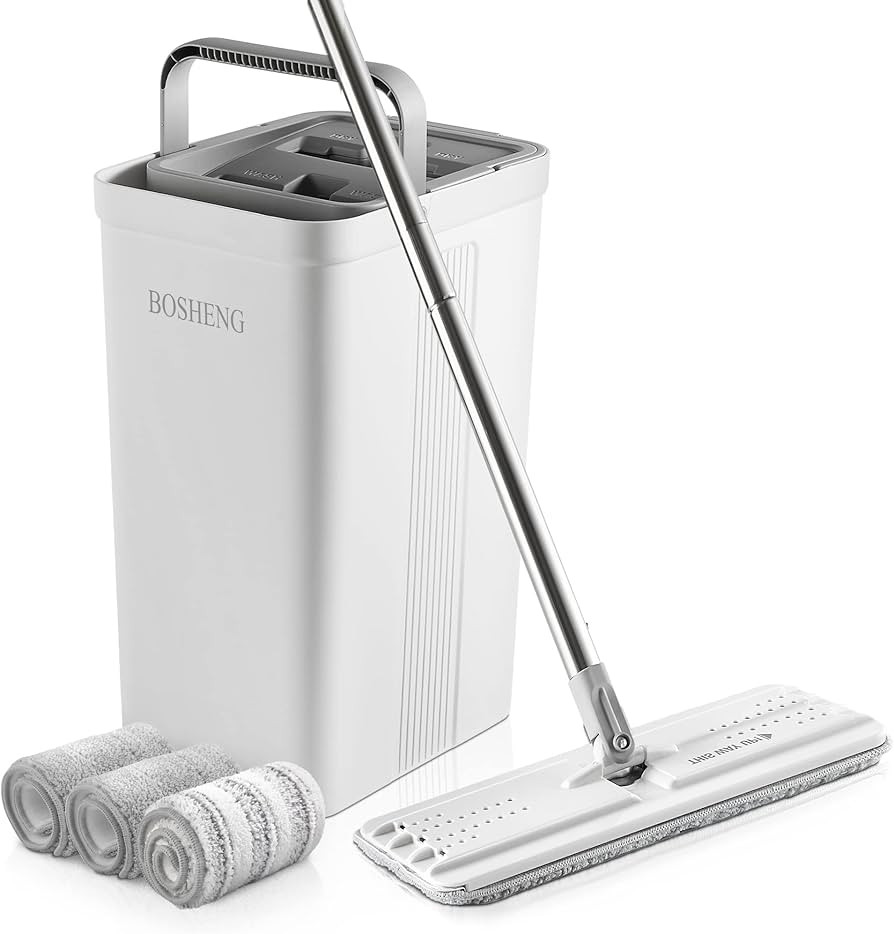 BOSHENG Mop and Bucket with Wringer Set, Flat Floor Mop and Bucket, with 3 Microfiber Mops for Fl... | Amazon (US)