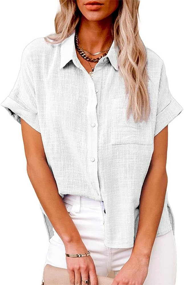 Collared Shirts for Women 2025 V Neck Roll Up Short Sleeve Button Down Blouses Loose Fit Linen Sh... | Amazon (US)