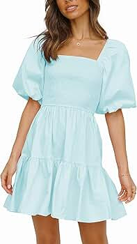 Atizon Women’s Summer Short Dress Smocked Square Neck Puff Sleeve Dress Vintage Off Shoulder A ... | Amazon (US)