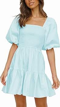 Atizon Women’s Summer Short Dress Smocked Square Neck Puff Sleeve Dress Vintage Off Shoulder A ... | Amazon (US)