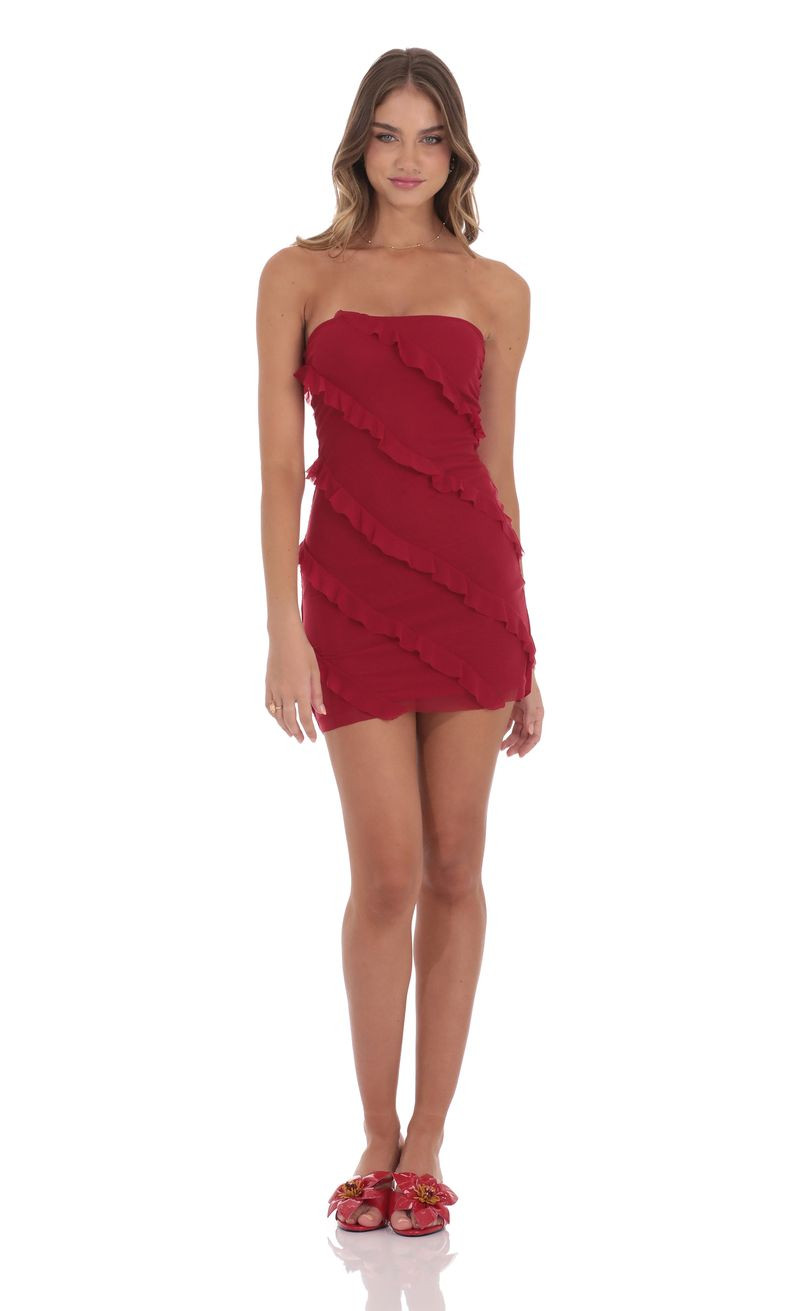 Mesh Strapless Ruffle Dress in Red | Lucy in the Sky