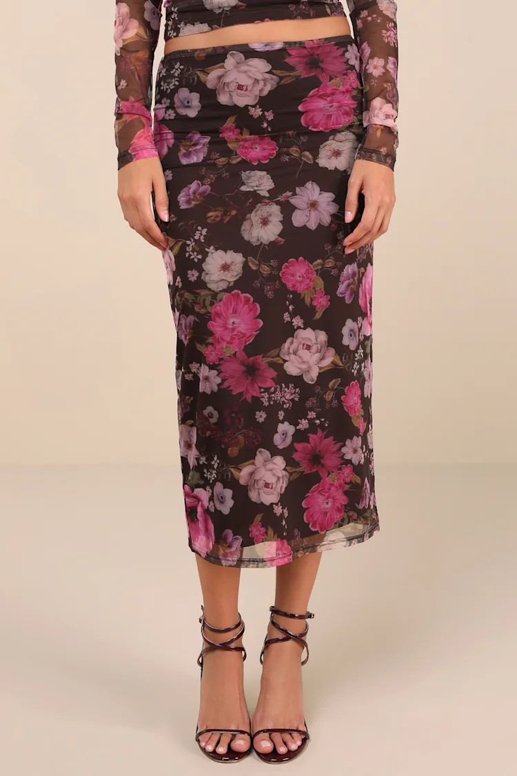 Unforgettably Sweet Brown Floral Print Mesh High-Rise Midi Skirt | Lulus