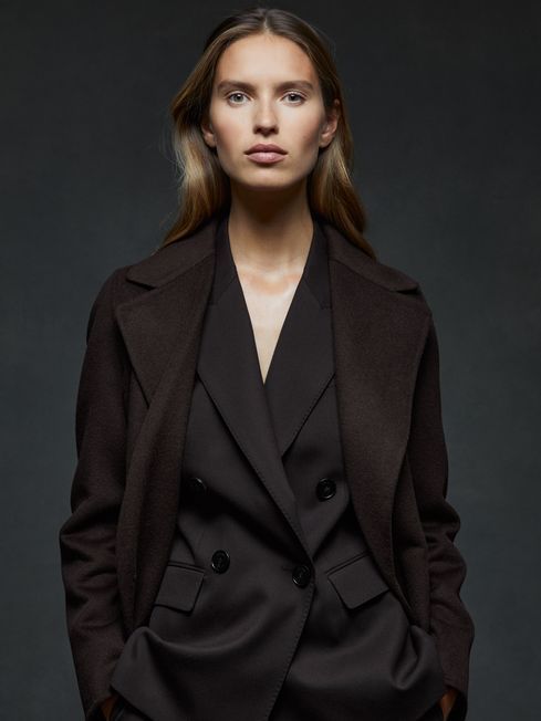 Wool Blend Double Breasted Blindseam Coat in Chocolate | Reiss UK