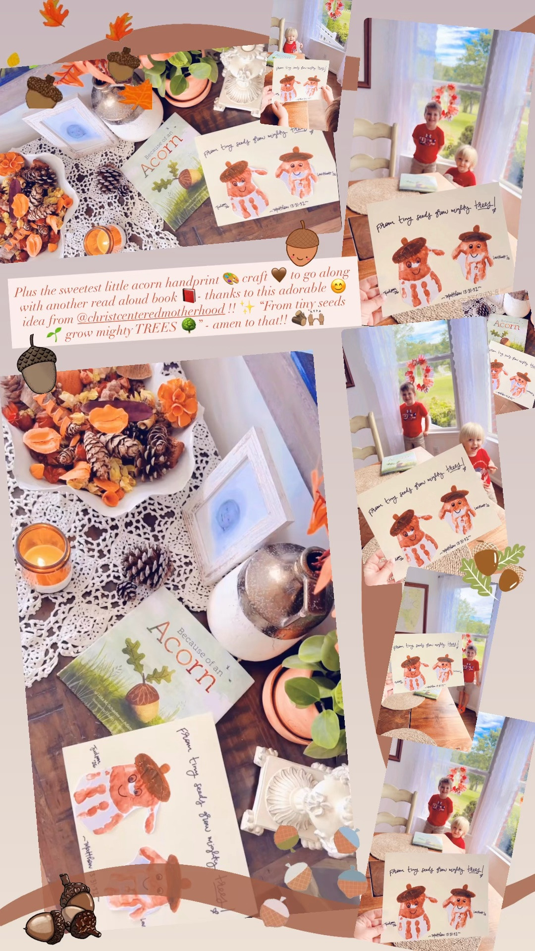 Plus the sweetest little acorn handprint 🎨 craft 🤎 to go along with another read aloud book 📕- thanks to this adorable 😊 idea from @christcenteredmotherhood !! ✨ “From tiny seeds 🌱 grow mighty TREES 🌳” Matthew 13:31-32 - amen to that!! 🪵🙌🏽
