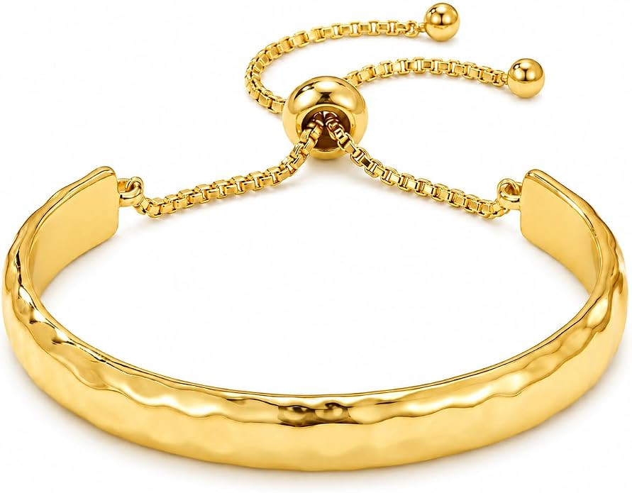 Hammered Adjustable Slider Cuff Bangle Bracelet for Women Lightweight Minimalist Link Chain Bolo ... | Amazon (US)
