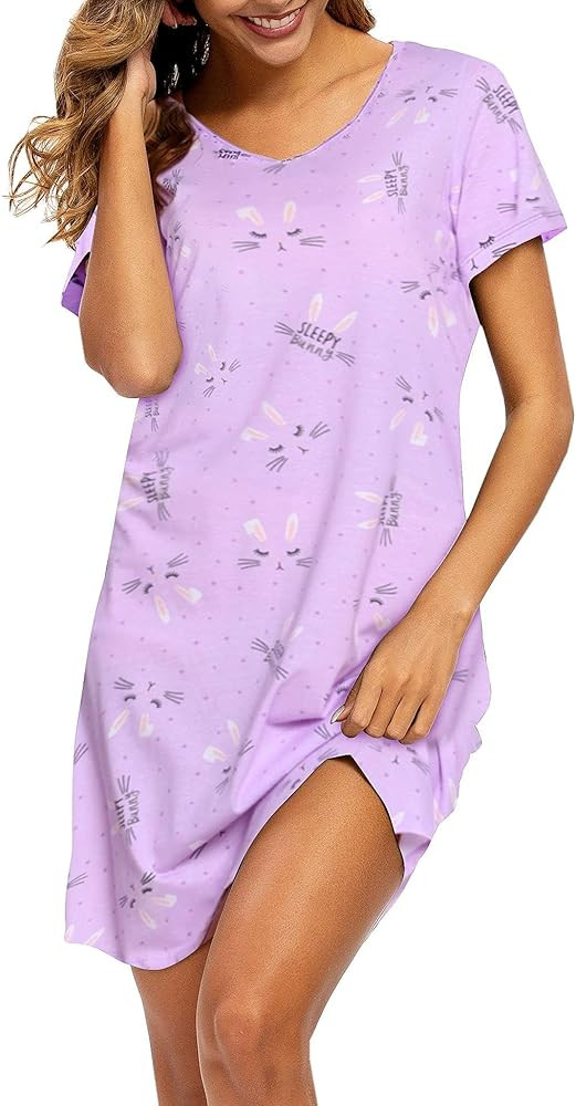 ENJOYNIGHT Womens Cotton Nightgown Short Sleeves Sleepshirt Print Nightshirt | Amazon (US)