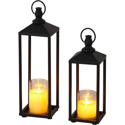 17" 13" Lanterns Decorative Outdoor & Indoor, Set of 2 Modern Metal Black Lantern with Flameless LED Candles, Halloween & Christmas Decorative Lantern | Wayfair North America