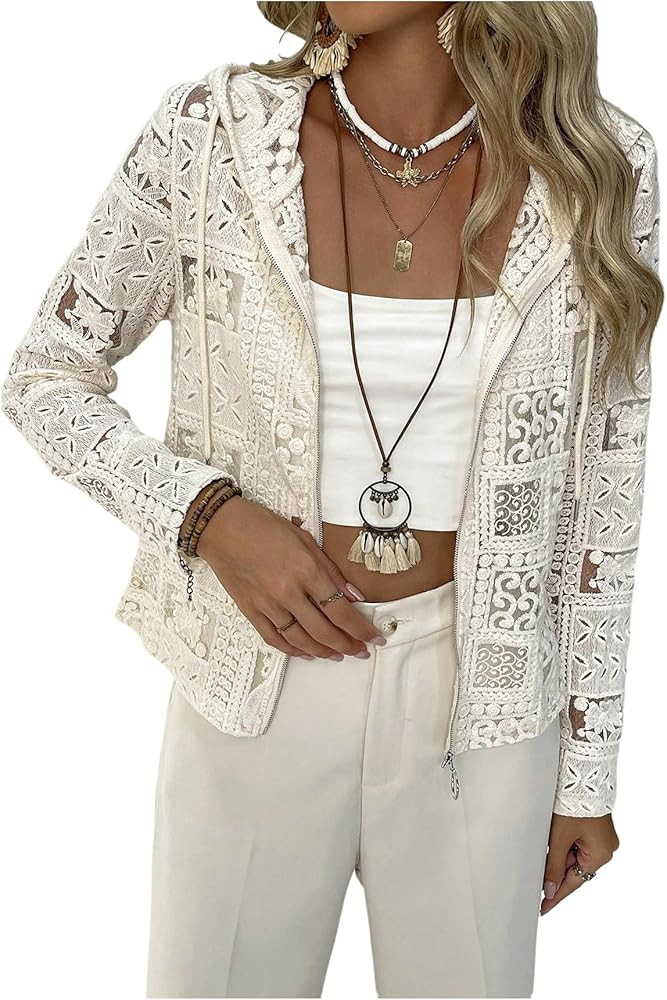 GORGLITTER Women's Lace Jacket Zip Up Sheer Long Sleeve Hooded Crochet Cardigan | Amazon (US)