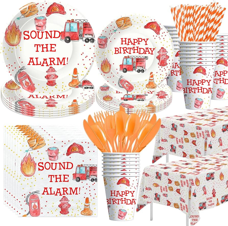Fire Truck Birthday Party Supplies Tableware - Firefighter Party Decorations Include Plates, Cups... | Amazon (US)