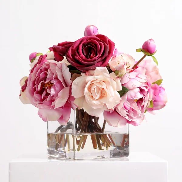 Pink Peony & Blush Rose Everyday Floral Arrangement Centerpiece In Glass Vase | Wayfair North America