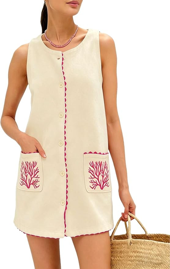 Sleeveless Mini Dress for Women Faux Suede Soft Cover Up with Button Front Summer Casual Embroide... | Amazon (US)