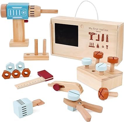 PairPear Kids Tool Set,Wooden Toy Tool Box with Toy Drill,Wooden Tool Kit Toddler Construction To... | Amazon (US)