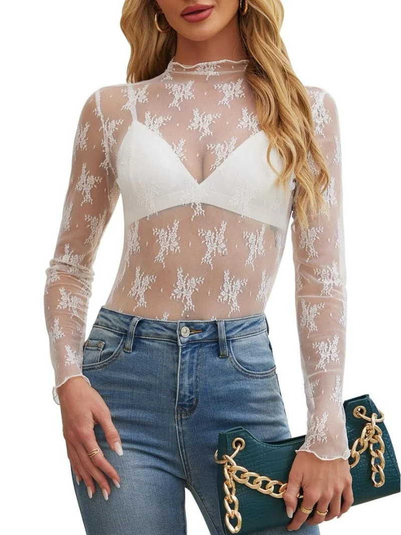 Siliteelon Womens Lace Mesh Long Sleeve Top Mock Neck Sheer See Through Sexy Blouse Floral Layeri... | Walmart (US)