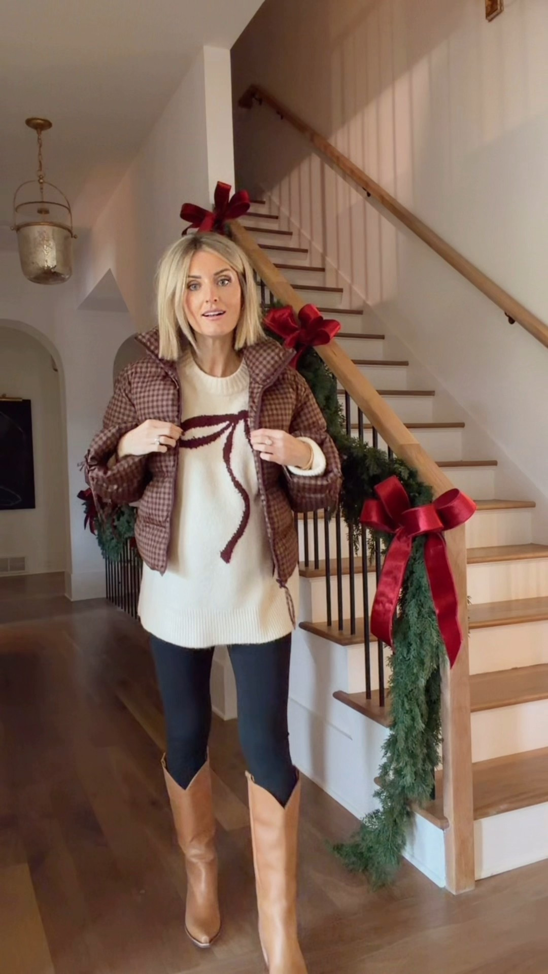 Bow sweater and gingham puffer for errands and shopping! 