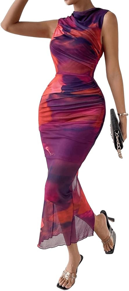 SKAYS Women's Summer Bodycon High Neck Dress Ruched Maxi Wedding Guest Sleeveless Tie Dye Long Me... | Amazon (US)
