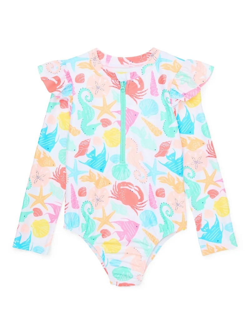 Wonder Nation Toddler Girl Zip Rash Guard One-Piece Swimsuit, Sizes 12M-5T - Walmart.com | Walmart (US)