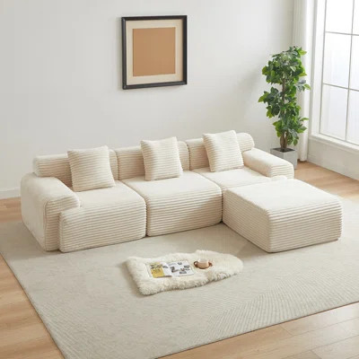 114-inch Corduroy Modular Sofa Boneless couch, Featuring an Inlaid Structural Design, three throw pillows, Wider backrest design and Four Freely Confi | Wayfair North America
