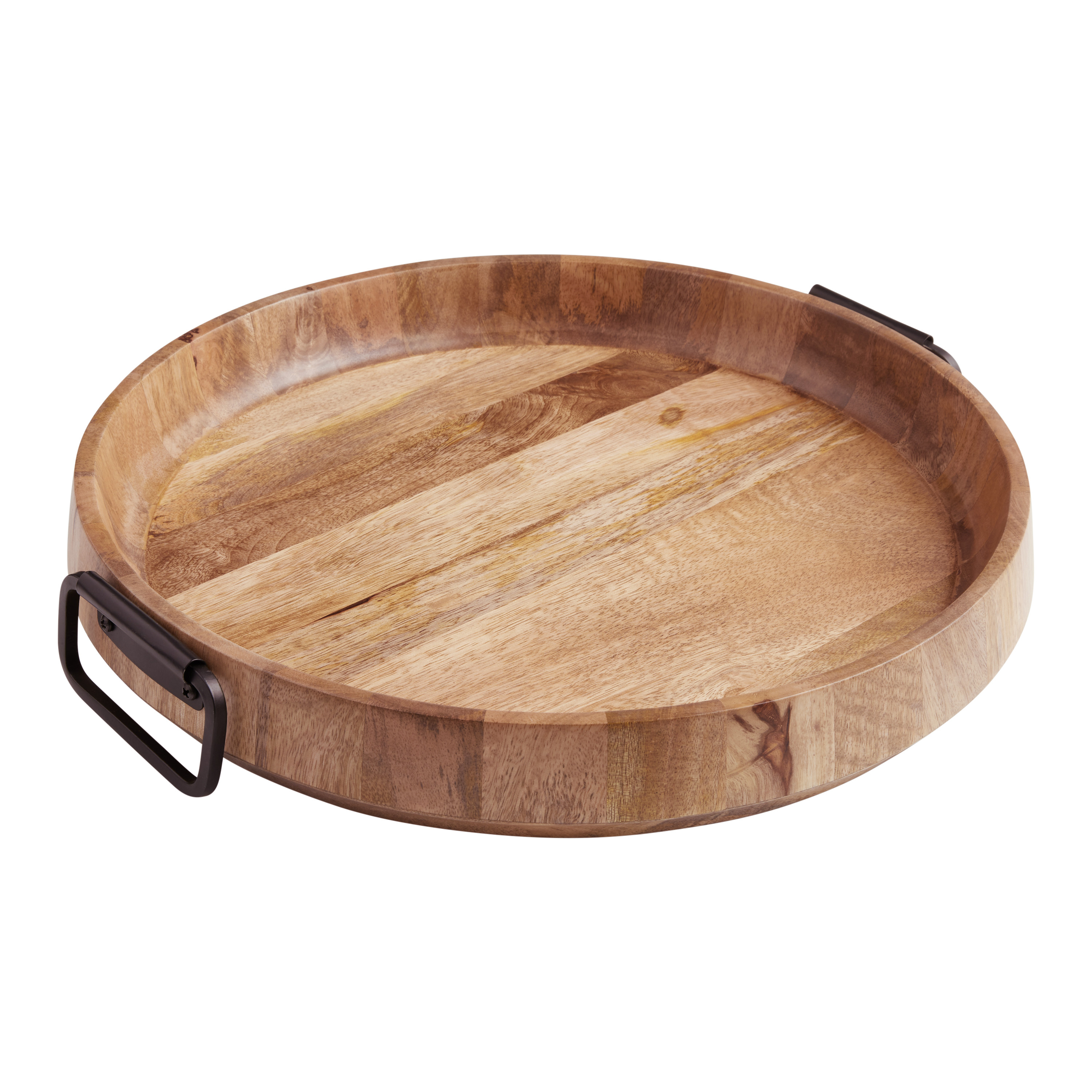 Round Light Mango Wood And Black Metal Modern Serving Tray | World Market