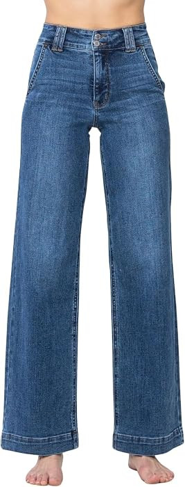 Judy Blue Women's High-Rise Double Button Waistband Wide Leg Jeans | Amazon (US)