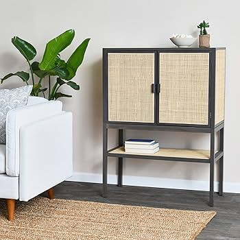 Creative Co-Op Pine Wood Natural Rattan Details Cabinet, Grey | Amazon (US)