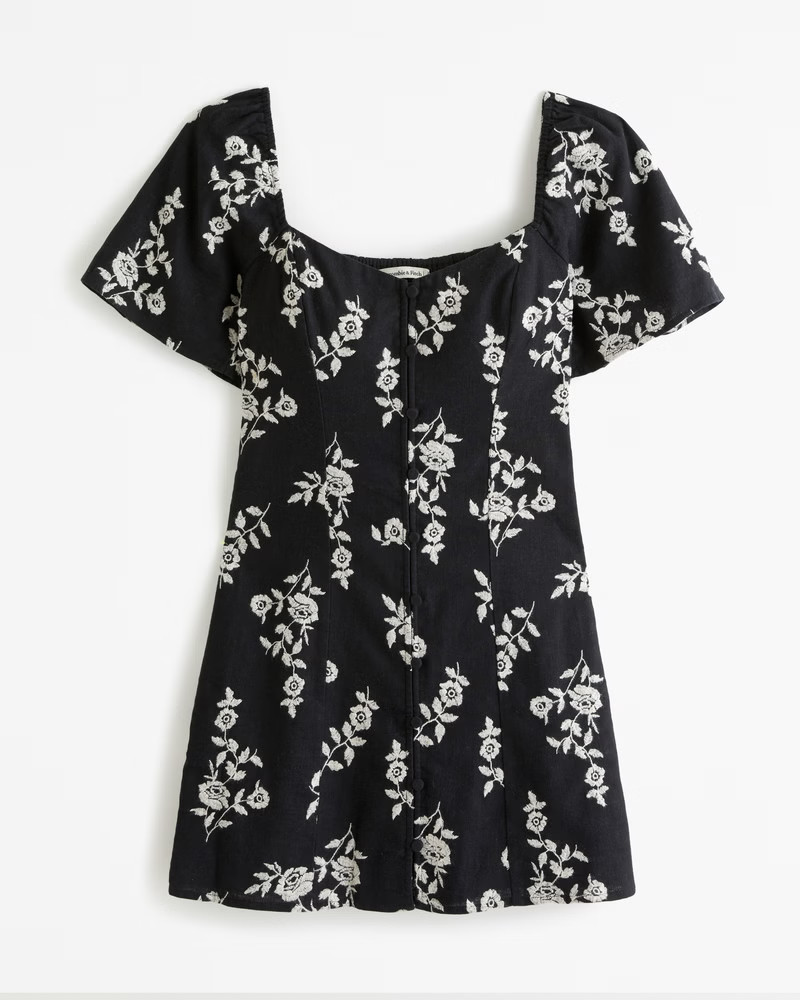 Abercrombie & Fitch Women's Linen-Blend Button-Through Mini Dress in Black Floral - Size M | Abercrombie & Fitch (US)