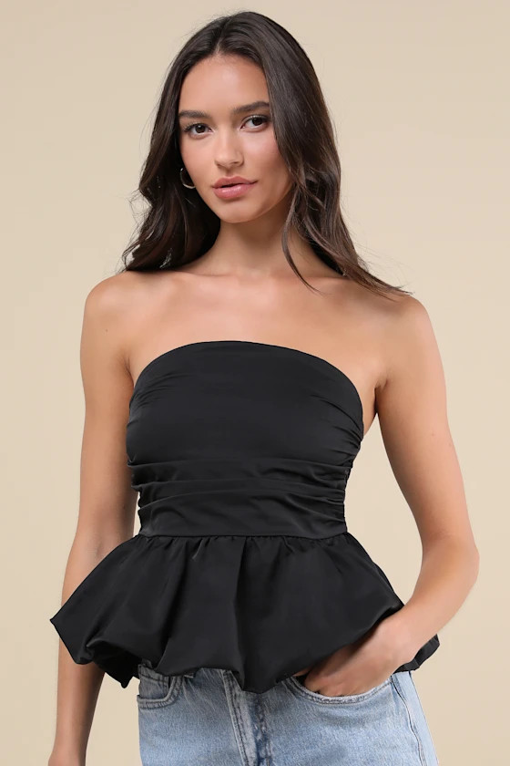Sabita Black Ruched Strapless Bubble-Hem Top | Lulus