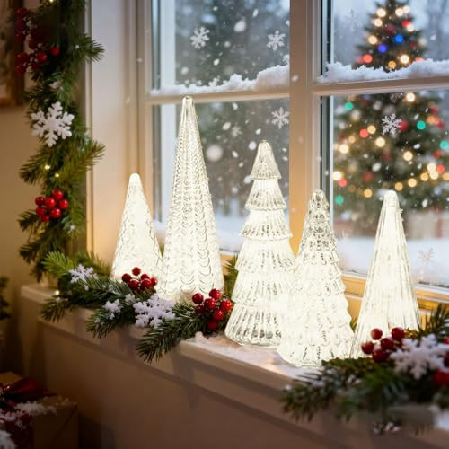Set of 5 Illuminated Mercury Glass Christmas Tree,Christmas Decor Lighted Tree Figurine,Battery Operated Mini Silver Plate Glass Figurine with LED,Mercury Xmas Trees,Figurine with Light (Silvery) | Amazon (US)