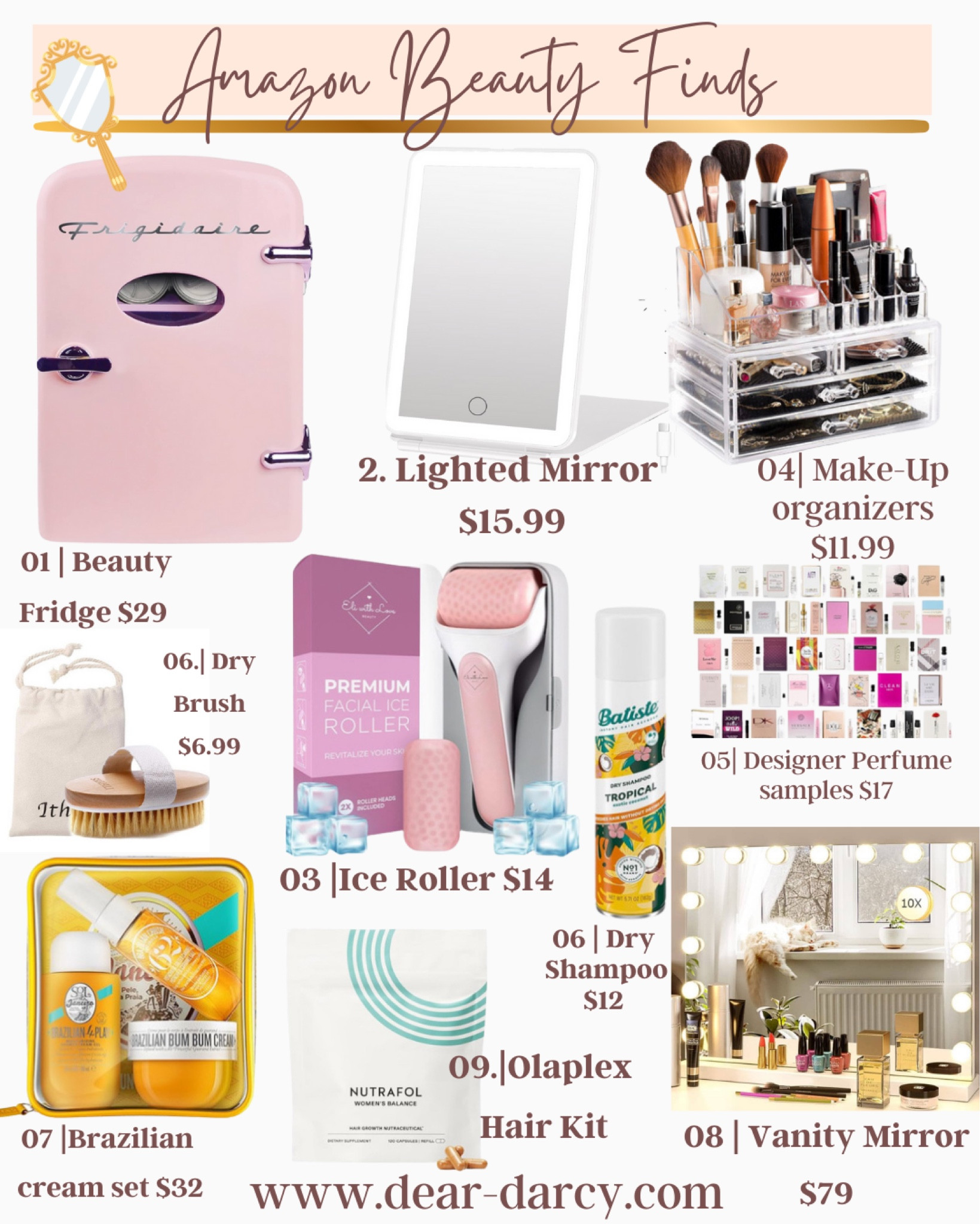 🚨 
Amazon beauty finds that make great deals and some are on sale!

Beauty fridge sale $29
Travel light mirror $15
Beauty organizer $15
Body dry brush $6.99
Ice roller $15
Designer perfume samples $17
Dry shampoo $12
Brazilian bum bum gift set $32
Hair air over 40 
Vanity mirror $59 on salee

#LTKSaleAlert #LTKGiftGuide #LTKBeauty