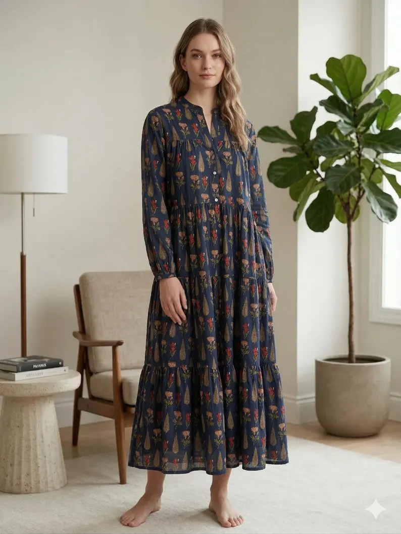 Indian Block Print Cotton Kyra Midi Summer Maxi Boho Maternity Dress for Women Floral Print Dress... | Etsy (Global)