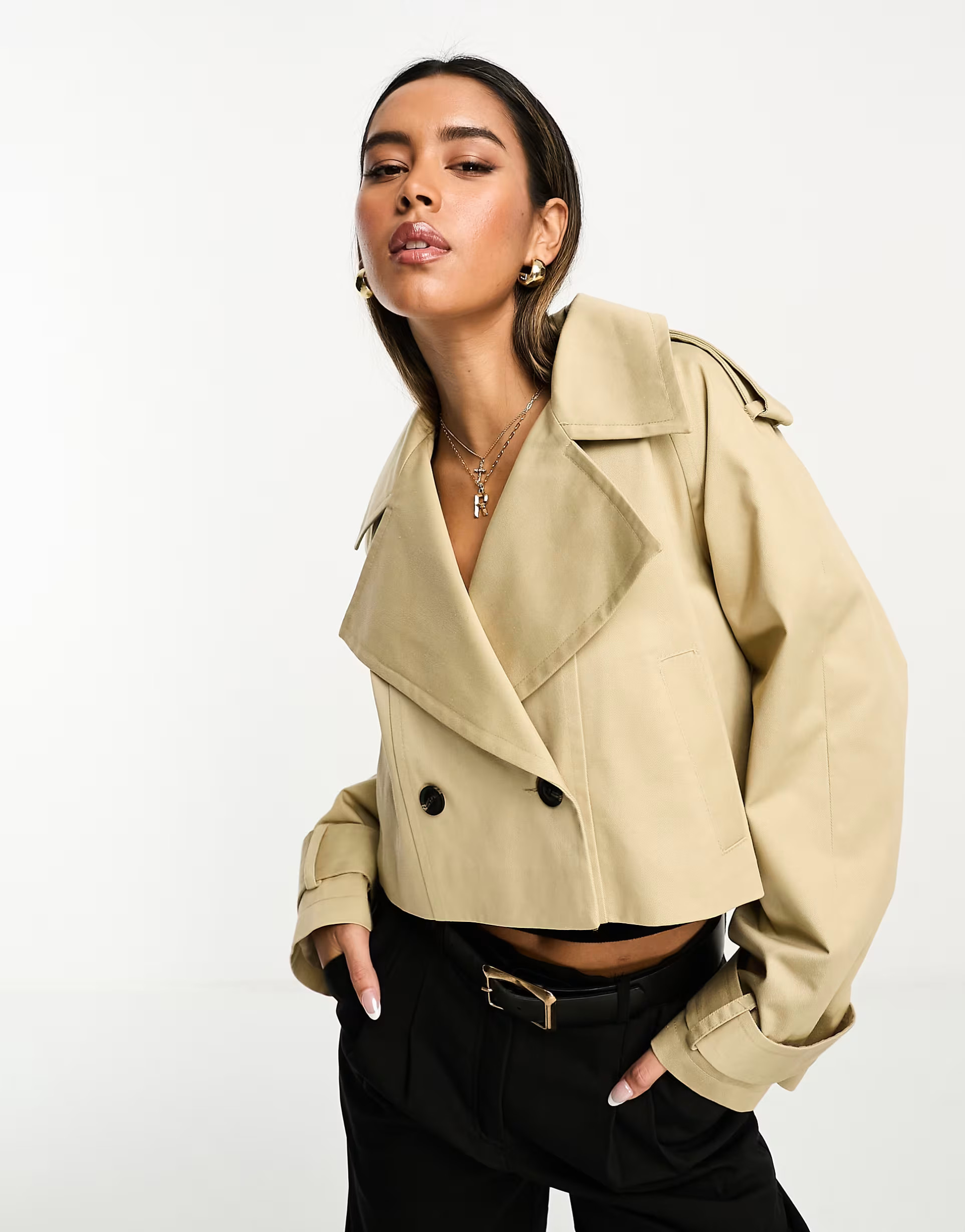 ASOS DESIGN cropped trench coat in stone | ASOS (Global)