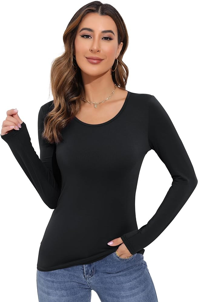 Women's Long Sleeve T-Shirt Scoop Neck Rayon Slim Fit Stretchy Layer T Shirts Tops | Amazon (US)