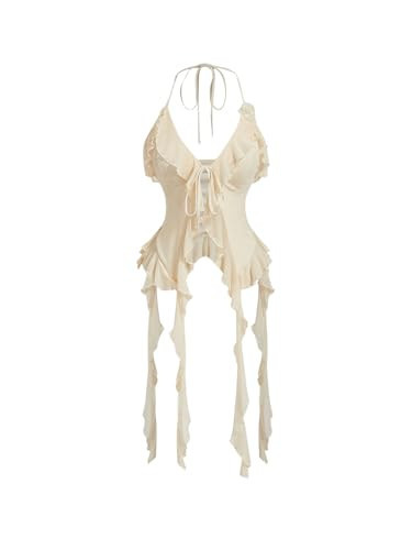 MakeMeChic Women's Floral Halter Top Tie Front Y2K Backless Ruffle Trim Fringe Camisole Apricot Small | Amazon (US)
