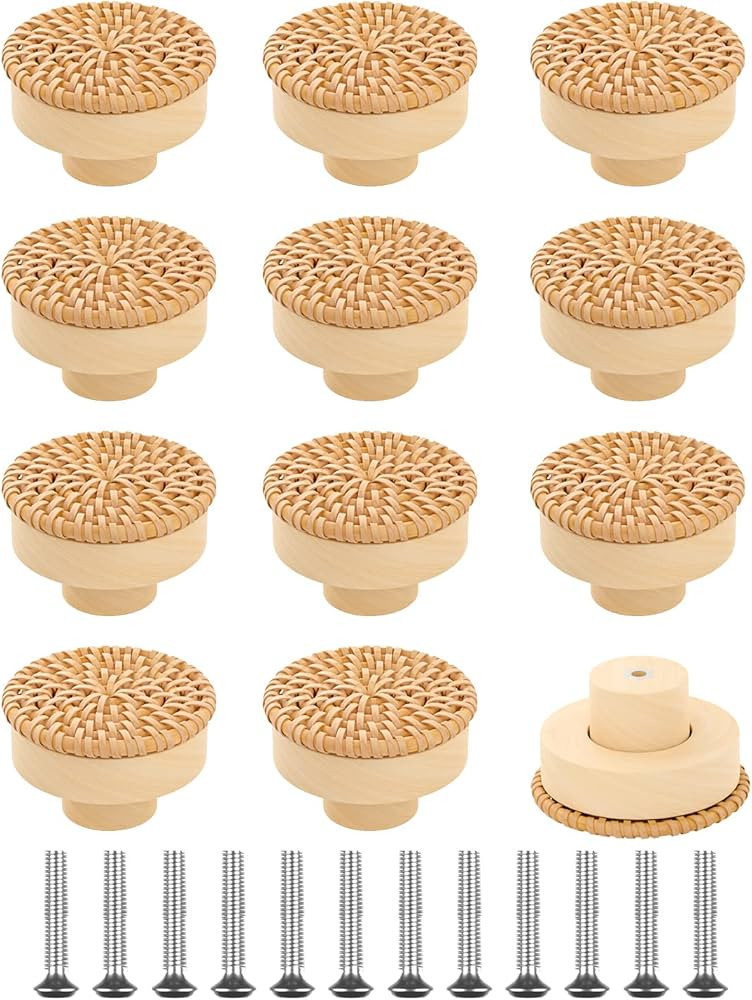 Zepolu 12Pcs Boho Rattan Dresser Knobs Pulls Handles 1.65" Diameter, Natural Round Wood Handmade ... | Amazon (US)