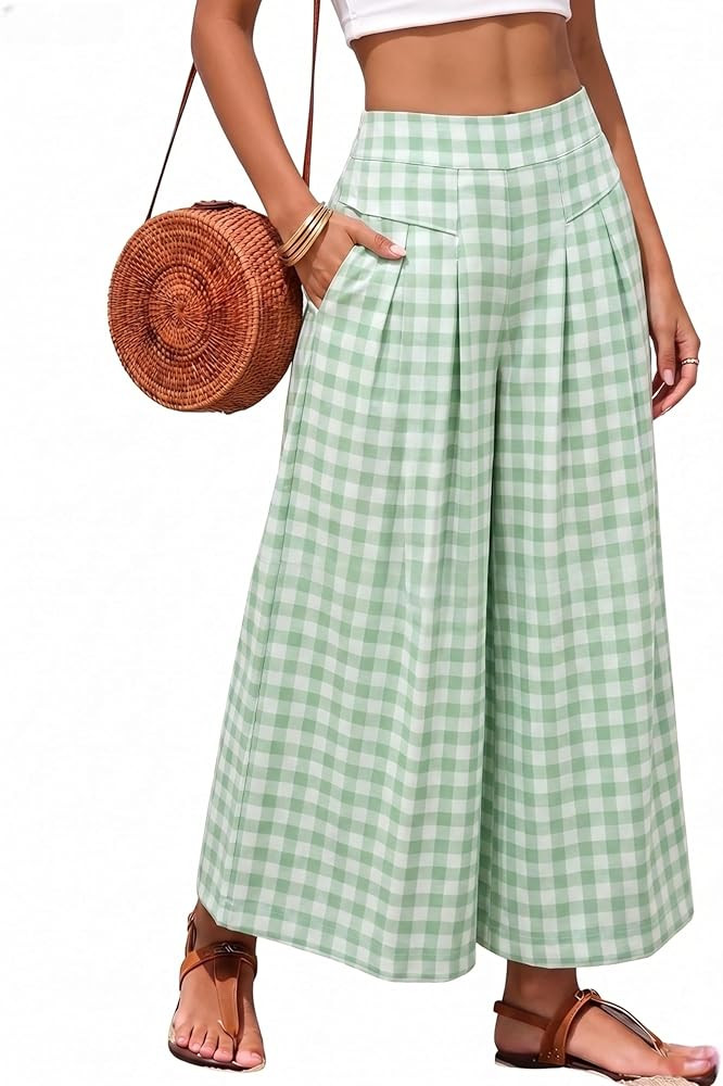 Athlisan Womens Summer Gingham Plaid Culottes Pants Elastic Waist Wide Leg Capri Pants Palazzo Tr... | Amazon (US)