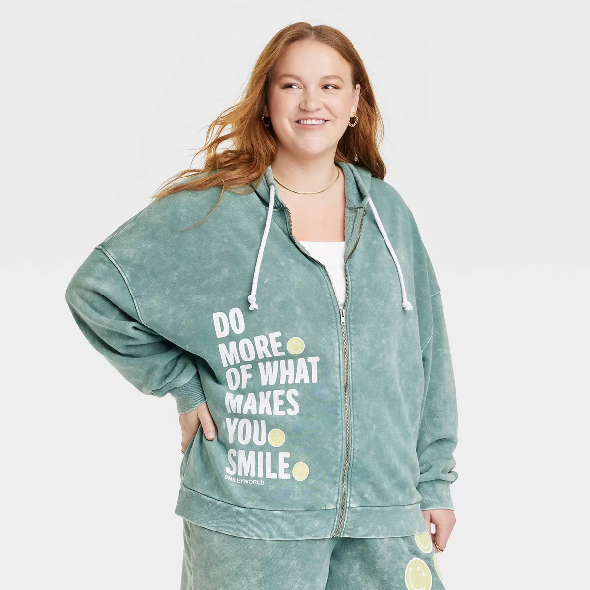 Women's SmileyWorld What Makes You Smile Graphic Zip-Up Sweatshirt - Green | Target