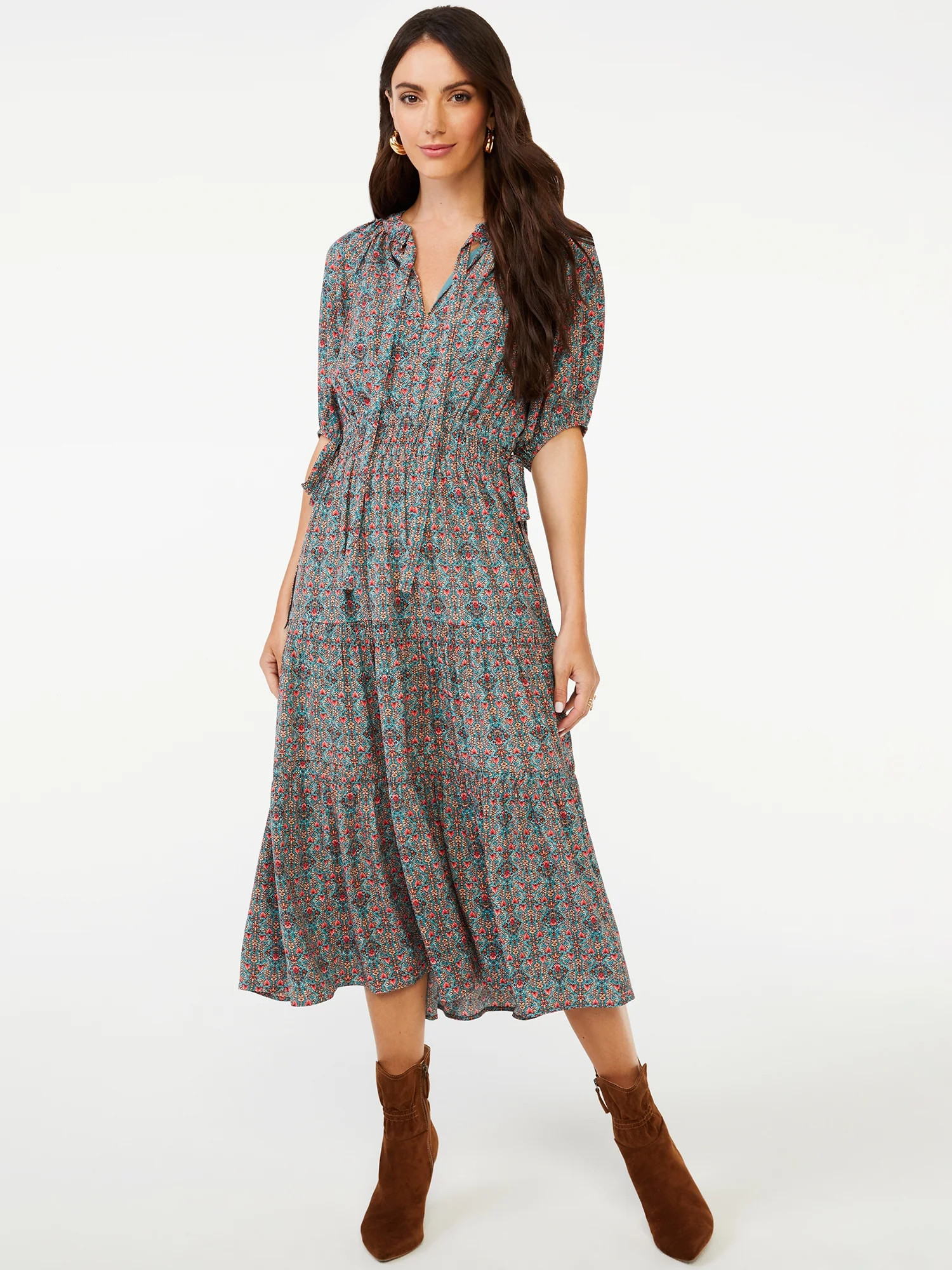 Scoop Women's Split Neck Tiered Midi Dress - Walmart.com | Walmart (US)